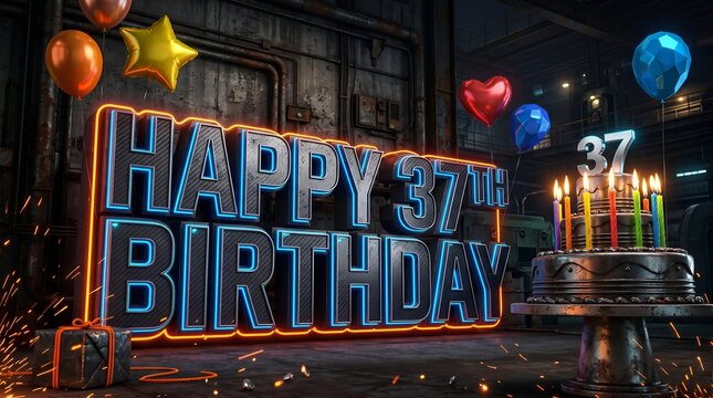 Urban Neon Happy 37th Birthday Typography with Lit Cake Candles Balloons in Night Alley Scene