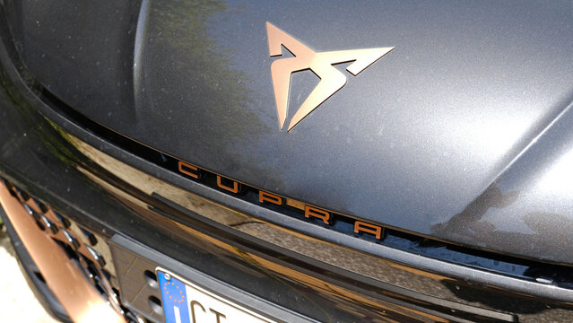 Close-up of Cupra car emblem. Palermo, Sicily - June 29, 2025. CUPRA is Spanish car brand focused on sports, high-performance and design cars with elements of electrification.
