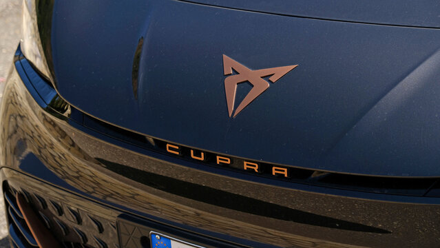 Close-up of Cupra car emblem. Palermo, Sicily - June 29, 2025. CUPRA is Spanish car brand focused on sports, high-performance and design cars with elements of electrification.