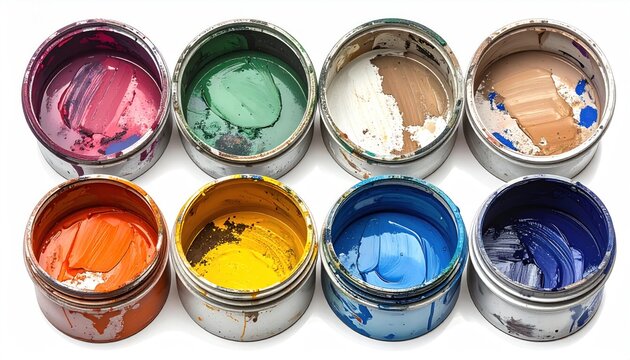Assortment of colorful paints in open metal cans showcasing vibrant pigments and textures studio shot