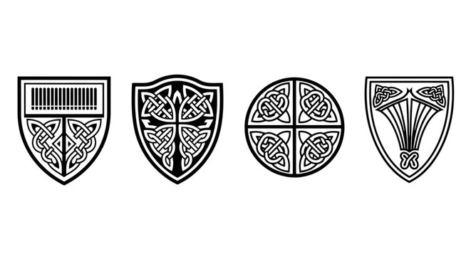 Collection of Four Celtic Knot Shield and Round Designs isolated white background