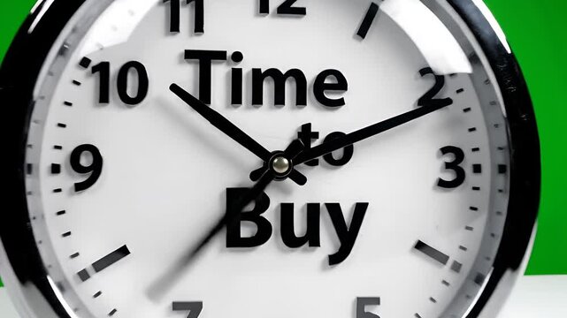 Close up of a clock face with the words Time to Buy.