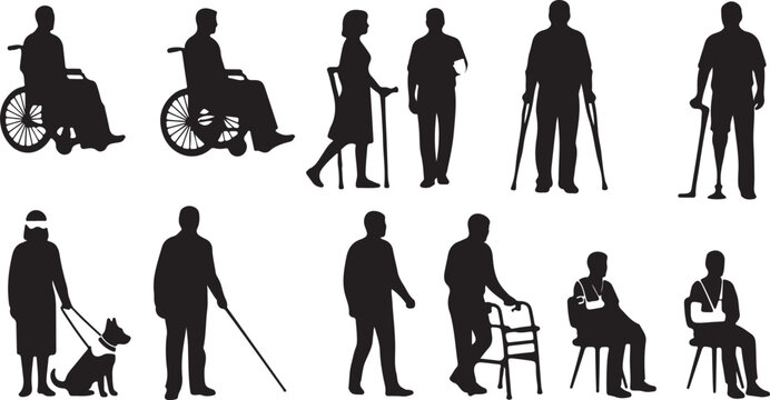 Set of 45 outline icons related to disability, disabled people. Linear icon collection. Editable stroke. Vector illustration