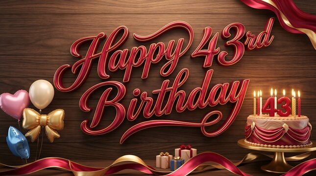 Red 3D Script Happy 43rd Birthday Text on Wooden Background with Heart Balloons and Cake