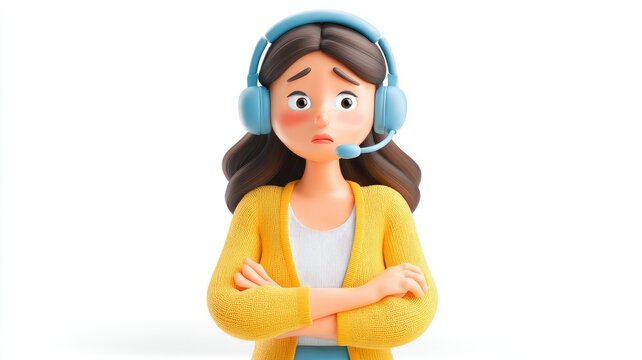 Stressed 3D Cartoon Operator with Flushed Cheeks and Defensive Posture
