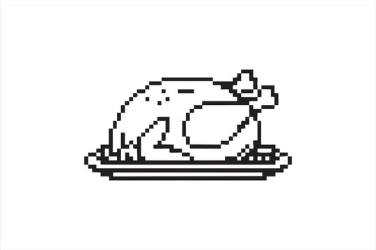 Cooked turkey pixel icon, thanksgiving meal graphic, vintage 8bit food symbol for menu design