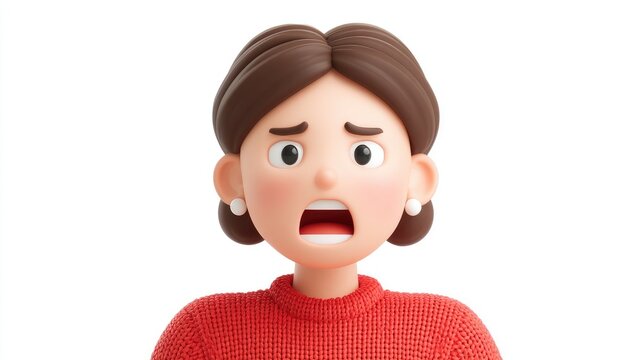 Stunned 3D Woman in Red Knit Sweater, Expressing Shock and Disbelief