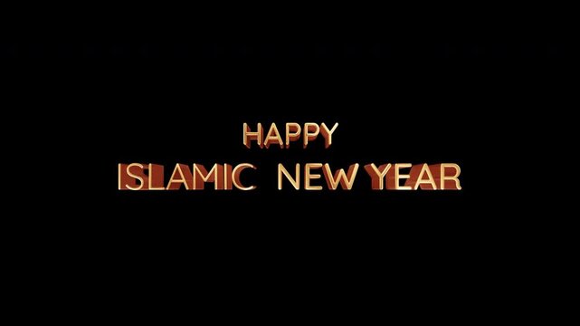 Happy New Islamic New Year glow golden text flickering shine light effect animation on black abstract background. Isolated alpha channel Apply prores 444