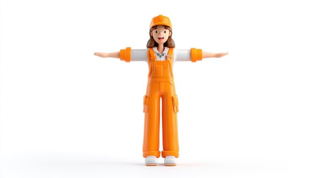 Stylized 3D Female Worker in Orange Overalls and Hard Hat, Posing in a Symmetrical T-Pose