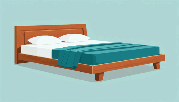 Modern wooden bed with pillows, teal blanket, flat vector, minimal style, solid colour background.vector illustration.