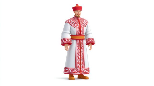 Stylized 3D Model of a Slavic Man in an Ornate White and Red Kaftan
