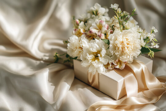 Flat lay women's day celebration, flowers, gift box and ribbon on a beige background
