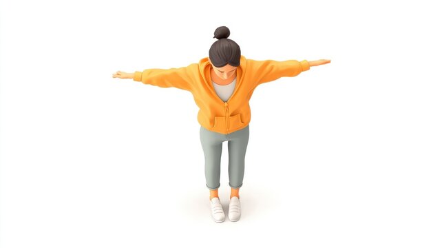 Stylized 3D Woman in Orange Hoodie with Arms Outstretched, High-Angle View