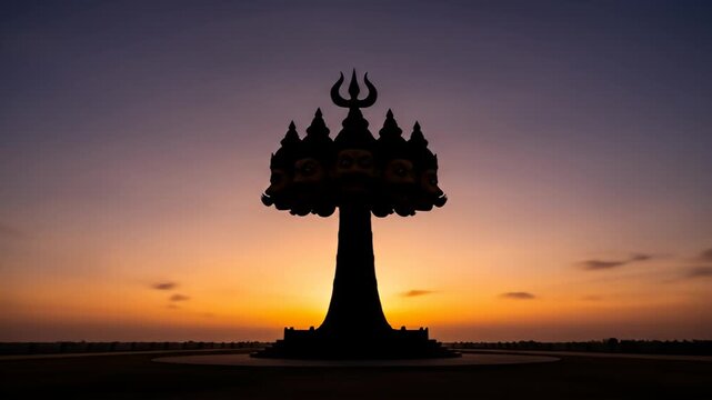 Dark silhouette statue with faces, trident, and tiered base at sunset, sky gradient