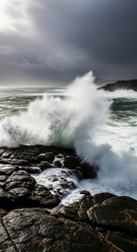 Powerful Ocean Waves Crashing on Rugged Rocky Coastline