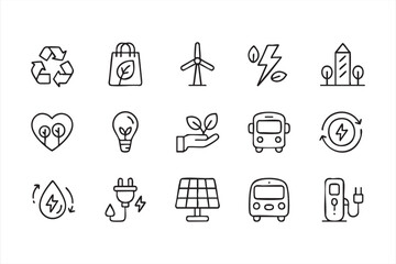 Fototapeta premium Renewable energy icon set, sustainability eco symbols for recycling solar panel wind turbine and green power apps