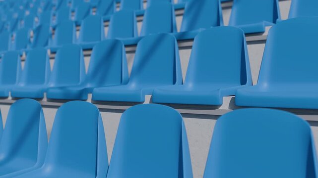 Empty blue plastic seats in stadium row for soccer or football cup competition.Background of sport arena chairs for spectators and fans during match event. Concept of world of arena and championship