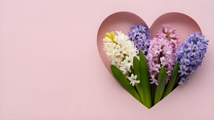 Obraz premium Flowers in a heart shape against a pink background showing spring colors and textures with vibrant hyacinth blooms