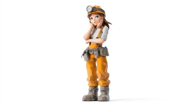 Thoughtful Female Miner Character in Orange Gear with a Pensive Gaze