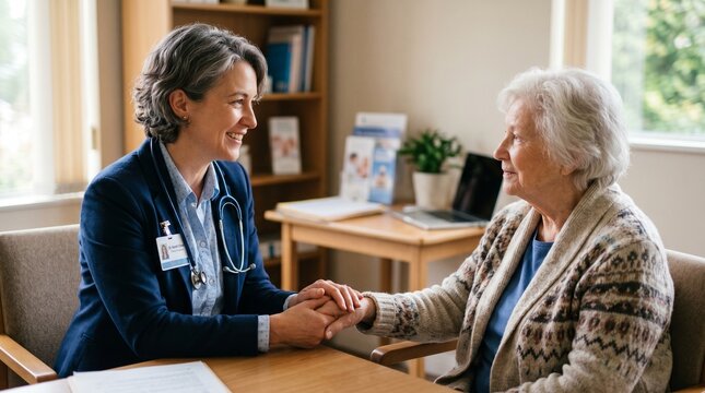 Empathy and Assurance: A compassionate healthcare provider offers comfort and support to an elderly patient during a consultation, fostering trust and providing reassurance.