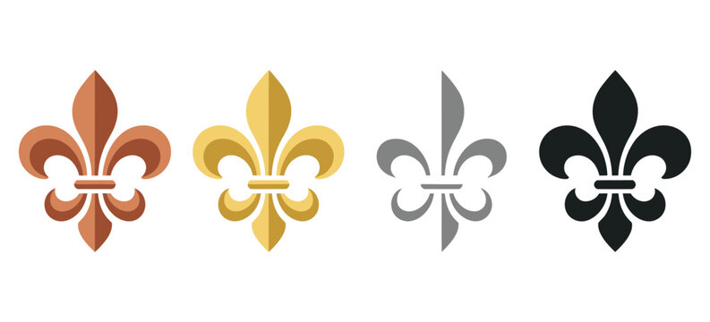 Fleur de lis icon, gold silver bronze black symbols, heraldic royal lily emblems, medieval badge coat arms design, vector illustration
