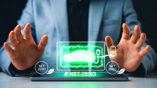 Businessman interacts with net zero ev network on tablet