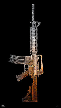 Silhouette of an assault rifle formed entirely by dense lines of small typography, black background, text color gradient fading from white at the barrel to glowing orange at the magazine, calligram