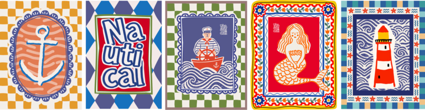 Sea and nautical summer posters and frame for interior wall. Vector naive folk illustrations of an anchor, little mermaid, sailor, lighthouse, waves,  coastal marine print, travel for card, postcard