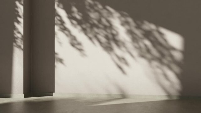Empty stucco wall with outdoor tree shadow on modern granite tile material. Aesthetic interior design background. Architecture minimal scene of luxury house exterior facade. 3d animation