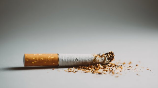 Burnt cigarette with ash on white background representing addiction