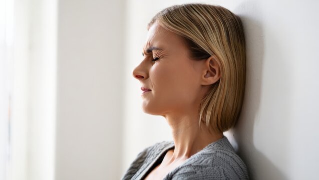 A middle-aged woman with a concerned expression on her face, leaning against a wall, experiencing stomach pain in a bright and clean environment.