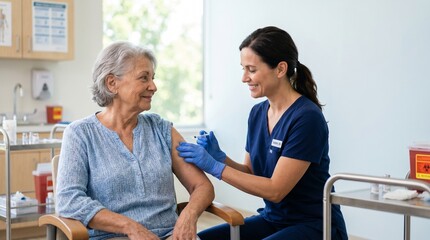 Fototapeta premium Vaccination: A healthcare professional administers a vaccine to an elderly patient.