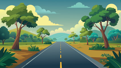 vector illustration of a road through a lush green landscape with trees and hills high quality professional detailed modern elegant stylish © CreativeKamrul