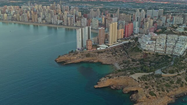 Benidorm skyline aerial view at sunset with mountains