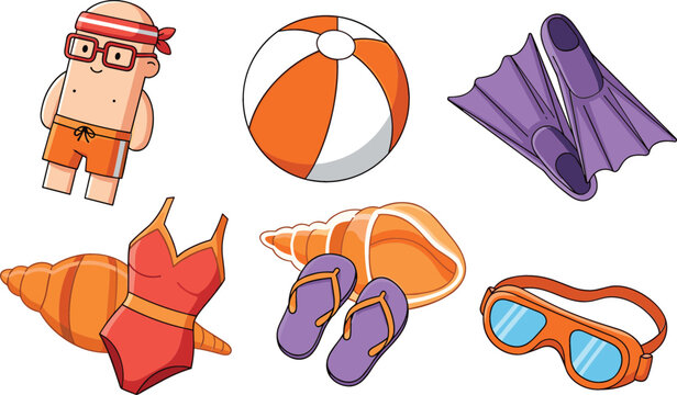 Summer beach accessories set with swimsuit flippers goggles ball shells and cartoon man vector illustration isolated on white background for vacation design
