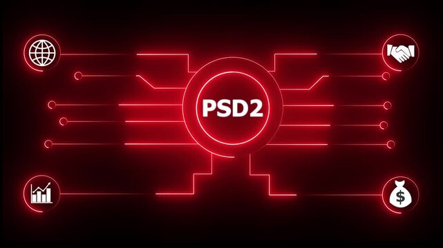 Glowing neon sign Business PSD2 concept animated. PSD2 management concept. Glowing neon line PSD2 Product lifecycle management system technology.4k animation motion graphics video.