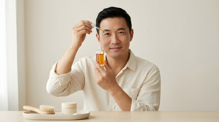 Fototapeta premium Asian man holds an eyebrow serum bottle and dropper while demonstrating a simple brow care and grooming routine