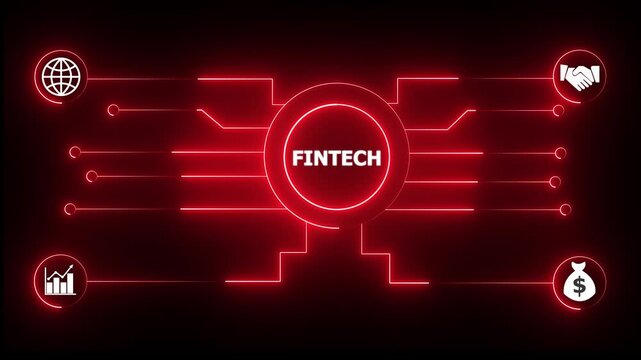 Glowing neon sign Business FINTECH concept animated. FINTECH management concept. Glowing neon line Financial Technology AI Brain Circuit Computer Icons Neon.4k motion video