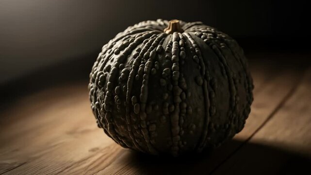 Warty, dark green squash resting on light brown wood, illuminated by a soft light