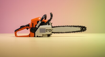 Naklejka premium Orange chainsaw on table top.