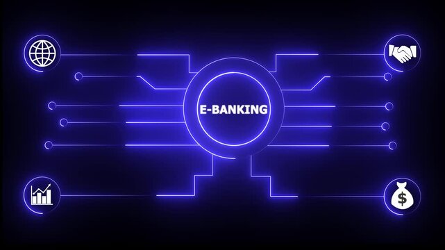 Glowing neon sign Business E-BANKING concept animated. E-BANKING management concept. Glowing neon line E-BANKING Product lifecycle management system technology animation.4k video.