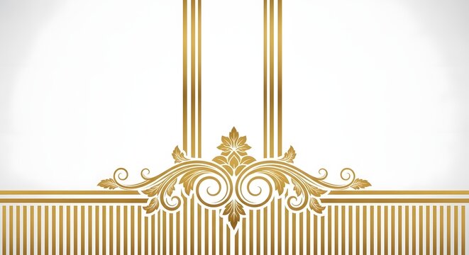Ornate gold floral filigree decorative element centered against a striped pattern featuring elegant swirly leaf motifs and vertical lines designed for luxury invitation cards or formal event