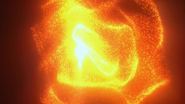Abstract orange particle cube with glowing edges and radiant core