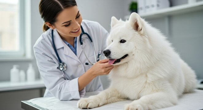 Veterinarian Examines White Dog.