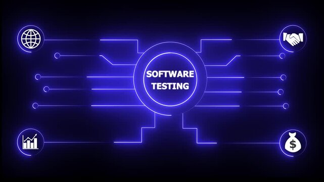 SOFTWARE TESTING concept animated. SOFTWARE TESTING management concept. Glowing neon line SOFTWARE TESTING Product black background management system technology. 4k Animation.
