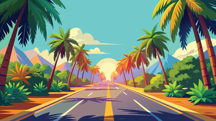 tropical road scene with palm trees and mountains under a clear sky high quality professional detailed modern elegant stylish clean crisp © CreativeKamrul