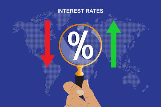 Hand holding magnifying glass over percentage symbol between red down and green up arrows. Interest rate increase and decrease concept.