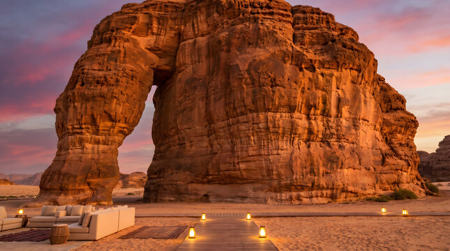 Luxury seating area in desert at sunset with Elephant Rock and glowing lanterns.