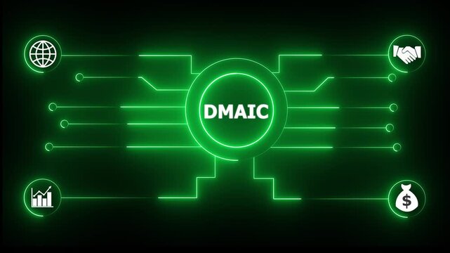 Glowing neon sign Business DMAIC concept animated. DMAIC management concept. Glowing neon line DMAIC Product lifecycle management system technology . 4k Animation video.