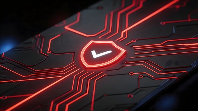 Circuit board with glowing shield icon